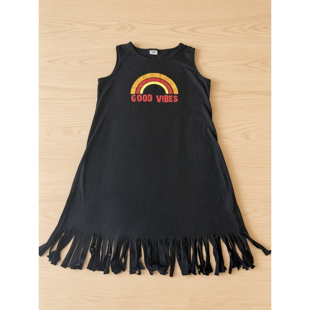 PatPat Girls Black Good Vibes Rainbow Fringe Hem Sleeveless Dress Size 8-9Y